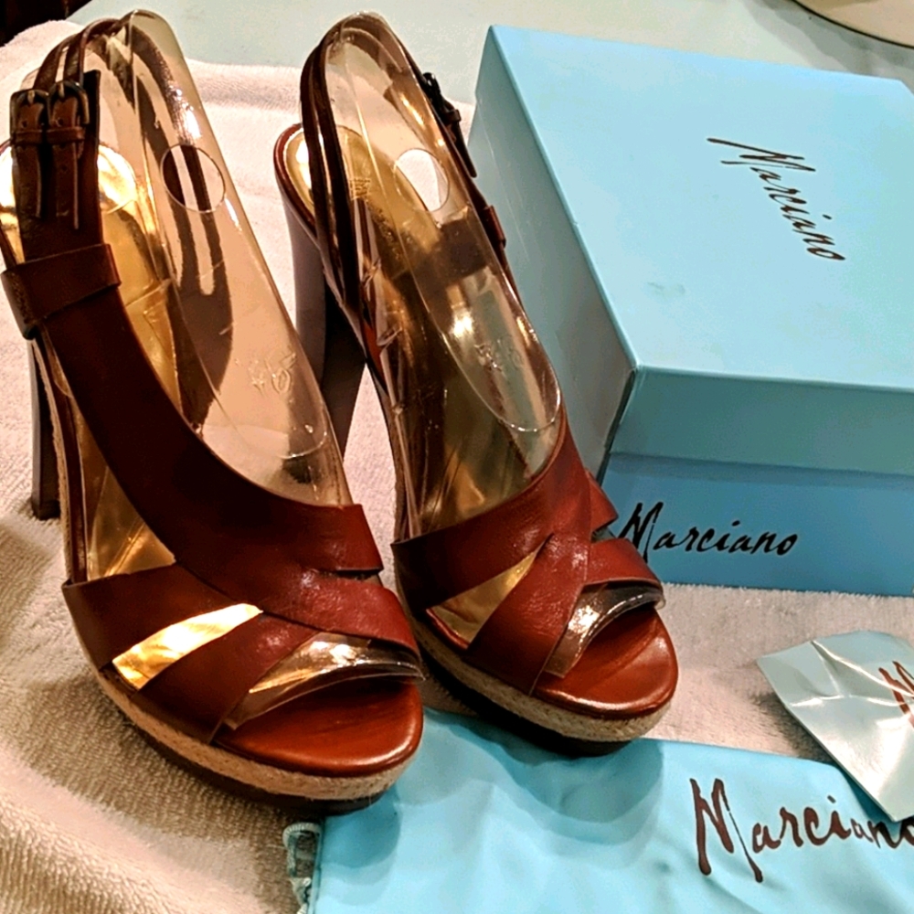 MARCIANO brown leather slingback heels